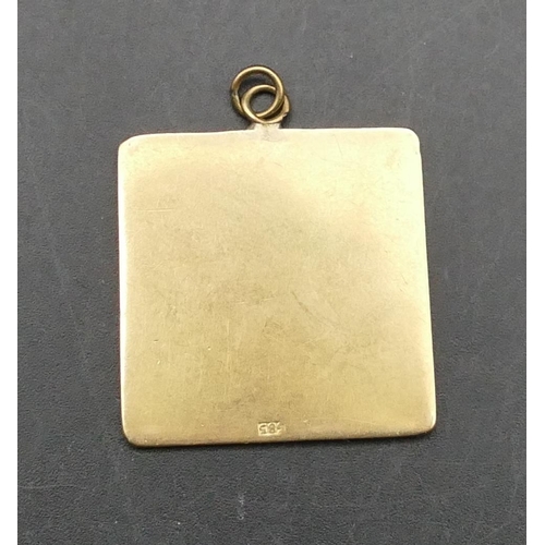 577 - A 14ct square gold pendant, monogramed HP, 2.6cm wide, 7.3 grams.