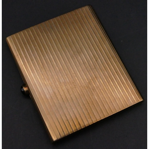 581 - A 14ct gold cigarette case with engine turn decoration, hinged front with sapphire cabochon button, ... 