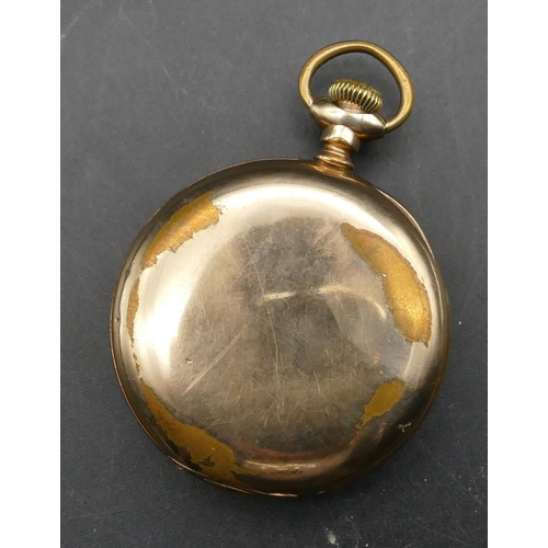 590 - A gold plated open-faced pocket watch with white enamel dial, seconds dial and Arabic numerals (wear... 