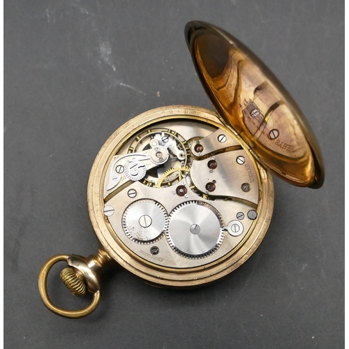 590 - A gold plated open-faced pocket watch with white enamel dial, seconds dial and Arabic numerals (wear... 