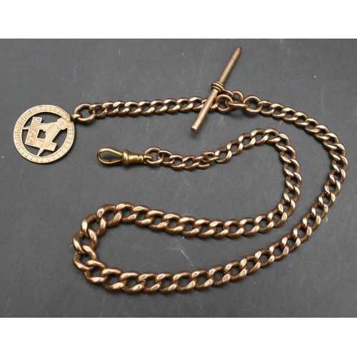 591 - A 9ct gold graduated linked watch chain with t-bar and mounted with masonic pendant, 15ct gold later... 