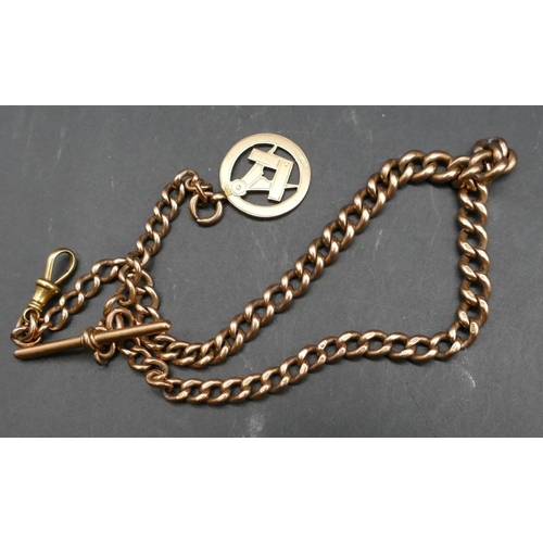 591 - A 9ct gold graduated linked watch chain with t-bar and mounted with masonic pendant, 15ct gold later... 