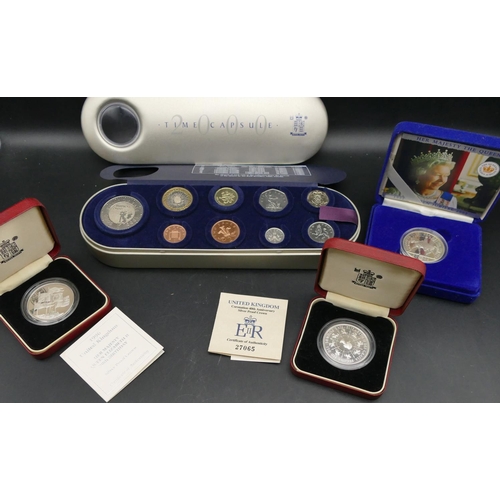 600 - 3 silver proof coins and 2000 time capsule group of coins