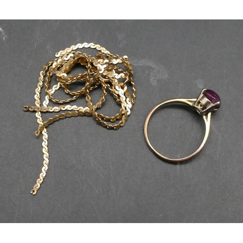 601 - A ladies gold ring set with centre purple stone, Size Q/R, a 9ct gold broken chain (in pieces), ring... 