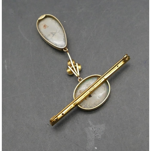 603 - A 9ct gold bar brooch mounted with centre opal, a further drop opal and 3 pearls, 5.2cm high, 4.5 gr... 