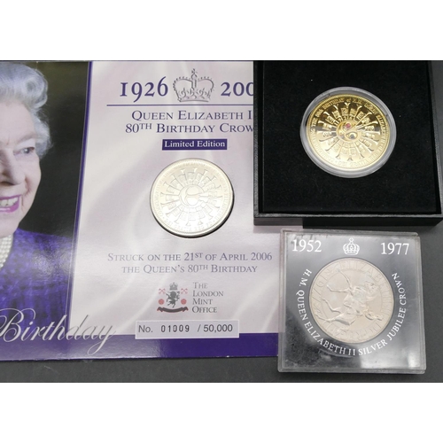 607 - A 925 sterling silver gilt Queen's 80th birthday golden crown proof, boxed, 2 other coins (3)