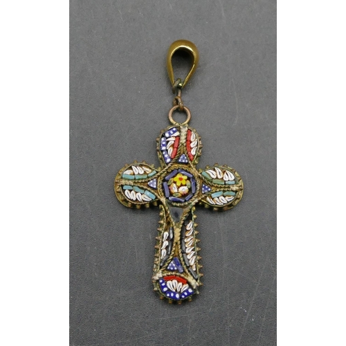 610 - A gold plated micro mosaic cross pendant with later gold loop, 5cm high