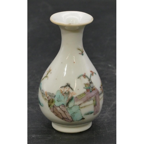 63 - A 19th/20th Century small Chinese round bulbous thin necked trumpet shaped vase on white ground with... 