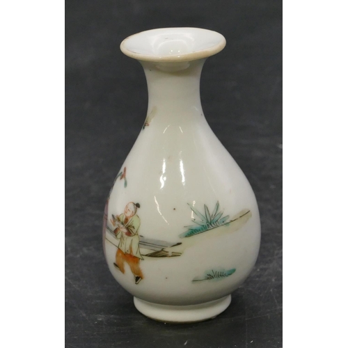 63 - A 19th/20th Century small Chinese round bulbous thin necked trumpet shaped vase on white ground with... 