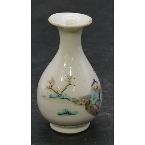 63 - A 19th/20th Century small Chinese round bulbous thin necked trumpet shaped vase on white ground with... 