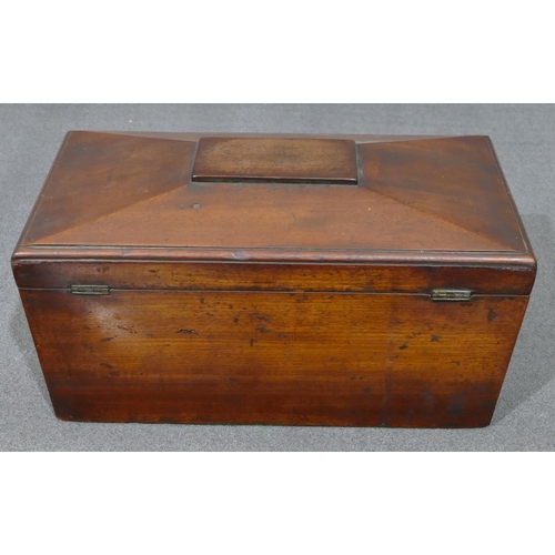 630 - A mahogany sarcophagus shaped tea caddy with hinged lid, enclosing a later glass bowl and 2 lidded c... 