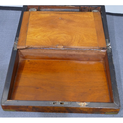 631 - A burr walnut rectangular shaped writing box with brass mounts and corners, hinged top enclosing wri... 