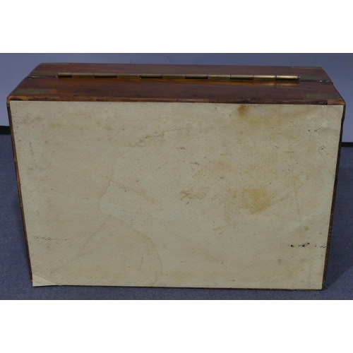 631 - A burr walnut rectangular shaped writing box with brass mounts and corners, hinged top enclosing wri... 