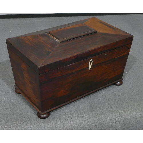 632 - 20th Century rosewood sarcophagus shaped tea caddy with hinged lid, enclosing 2 lidded compartments ... 