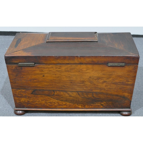 632 - 20th Century rosewood sarcophagus shaped tea caddy with hinged lid, enclosing 2 lidded compartments ... 