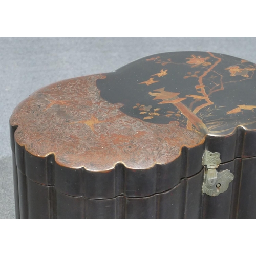 633 - An Oriental black lacquered tea caddy on black ground with allover bird, branch and birdbox decorati... 