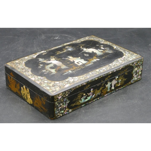 635 - A black lacquered rectangular shaped box with allover Mother of Pearl decoration, depicting Oriental... 