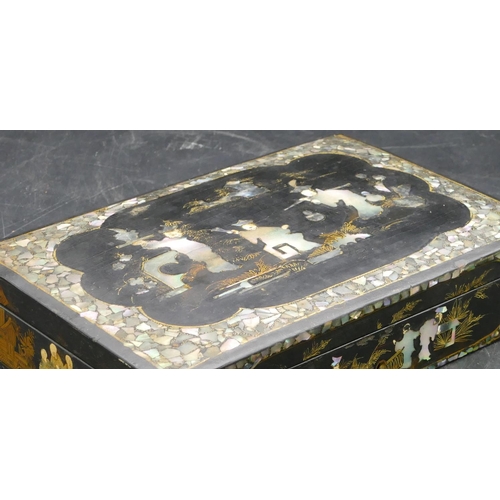 635 - A black lacquered rectangular shaped box with allover Mother of Pearl decoration, depicting Oriental... 