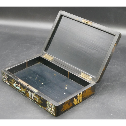 635 - A black lacquered rectangular shaped box with allover Mother of Pearl decoration, depicting Oriental... 