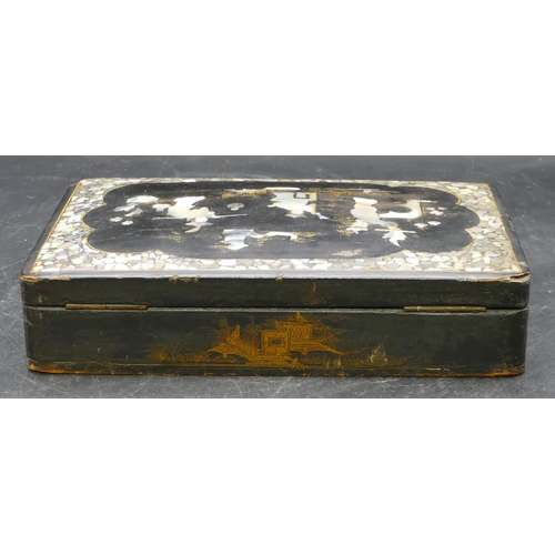 635 - A black lacquered rectangular shaped box with allover Mother of Pearl decoration, depicting Oriental... 