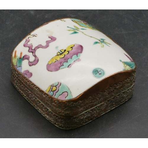 637 - An Oriental copper and porcelain lidded arch topped snuff box on white ground with coloured leaf and... 