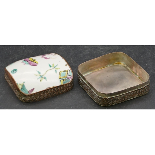 637 - An Oriental copper and porcelain lidded arch topped snuff box on white ground with coloured leaf and... 