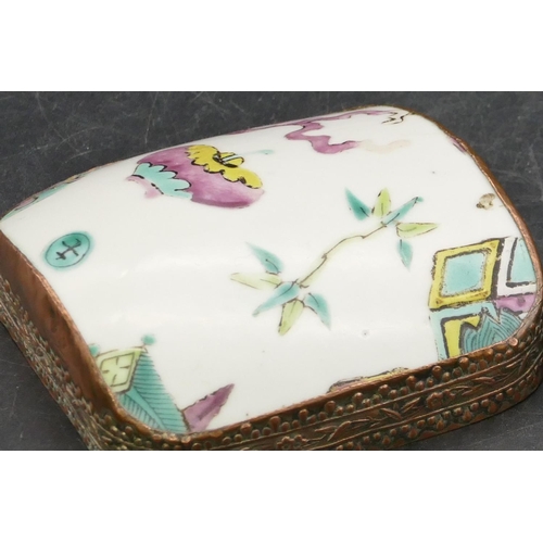 637 - An Oriental copper and porcelain lidded arch topped snuff box on white ground with coloured leaf and... 