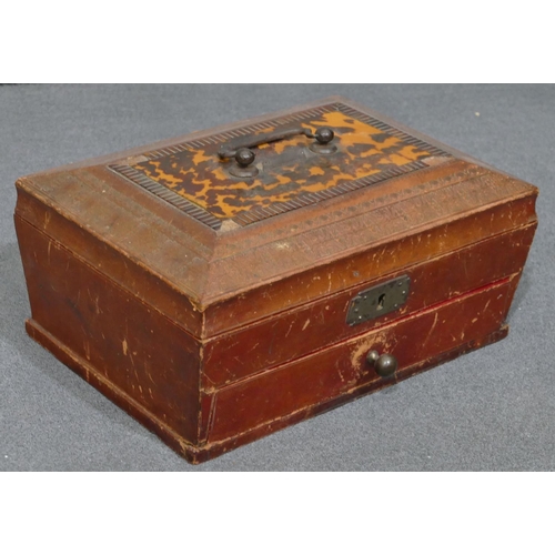 638 - A leather rectangular shaped sewing box with part tortoiseshell inlaid top, carrying handle, hinged ... 