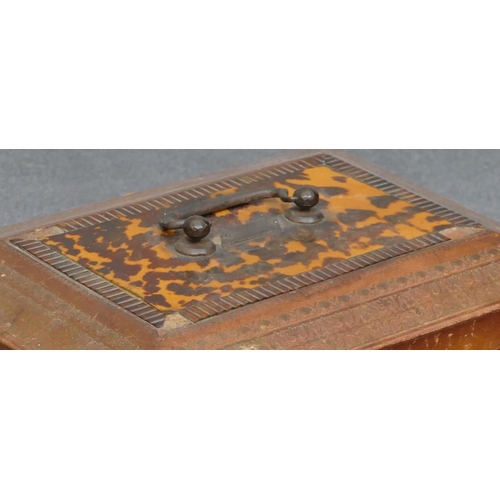 638 - A leather rectangular shaped sewing box with part tortoiseshell inlaid top, carrying handle, hinged ... 