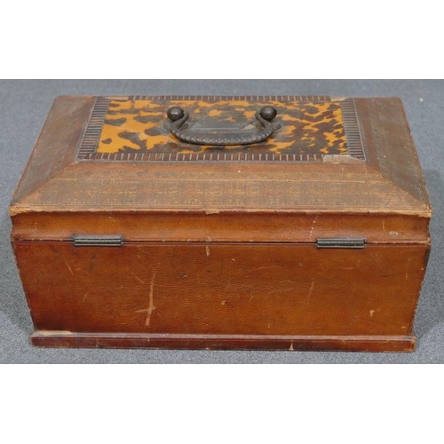 638 - A leather rectangular shaped sewing box with part tortoiseshell inlaid top, carrying handle, hinged ... 