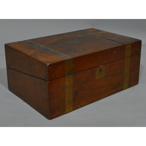 646 - A 19th Century walnut rectangular shaped writing box with gilt metal bands (1 missing), hinged lid e... 