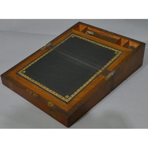 646 - A 19th Century walnut rectangular shaped writing box with gilt metal bands (1 missing), hinged lid e... 