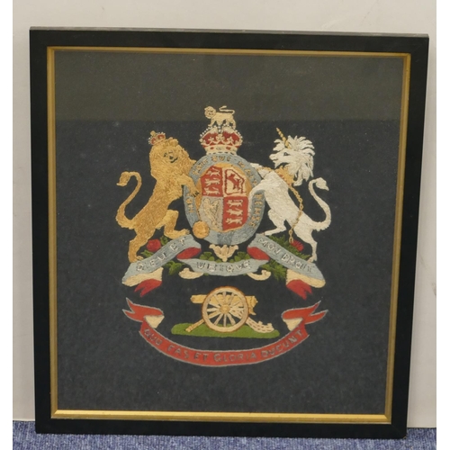 653 - A military Woolwork crest in black and gilt frame, 39.5cm x 35.5cm overall.