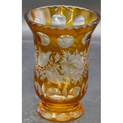 66 - A Venetian round bulbous trumpet shaped amber and clear glass vase with etched floral, leaf and thum... 