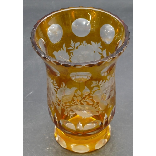 66 - A Venetian round bulbous trumpet shaped amber and clear glass vase with etched floral, leaf and thum... 