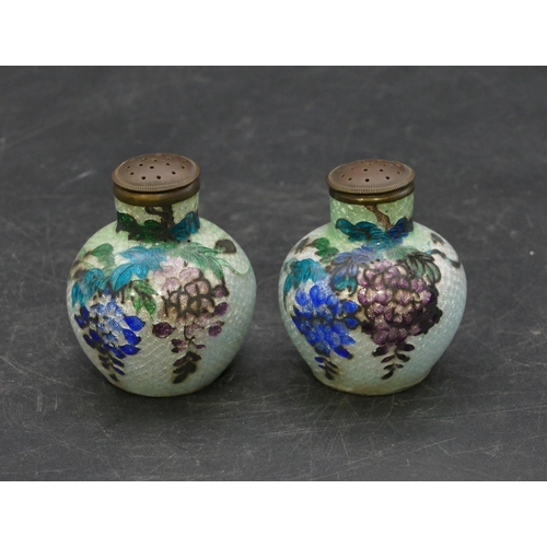 660 - A pair of Oriental enamelled round bulbous thin necked pepper pots with multi-coloured floral and le... 