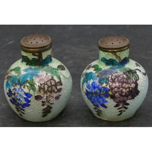 660 - A pair of Oriental enamelled round bulbous thin necked pepper pots with multi-coloured floral and le... 