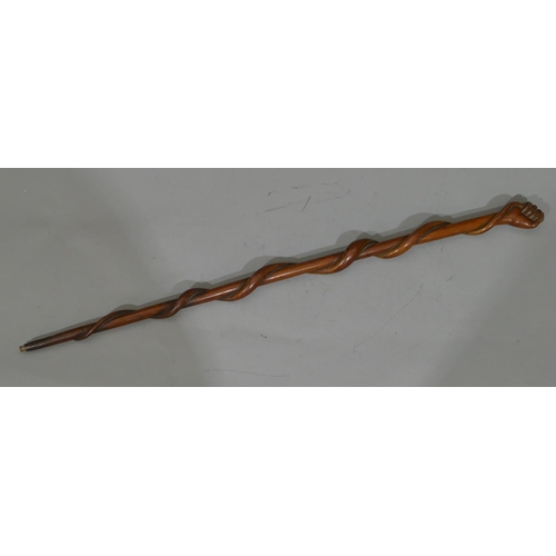 665 - A 19th Century carved wooden walking stick with hand finial clutching entwined end coiled around who... 