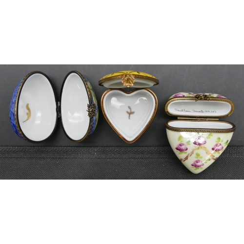 669 - A Limoges heart shaped box with hinged lid, allover multi-coloured rose and leaf decoration and 7 va... 