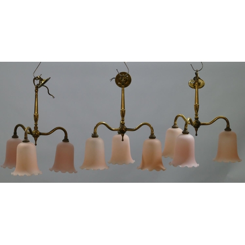 670 - 3 Christopher Wray gilt metal 3-light chandeliers with 9 pink glass tulip shaped shades and crinkled... 