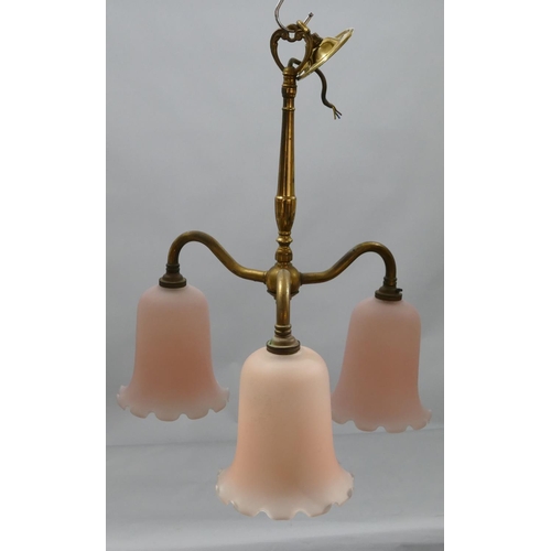 670 - 3 Christopher Wray gilt metal 3-light chandeliers with 9 pink glass tulip shaped shades and crinkled... 