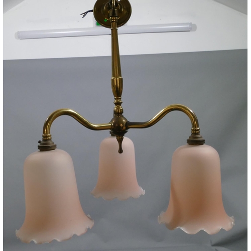 670 - 3 Christopher Wray gilt metal 3-light chandeliers with 9 pink glass tulip shaped shades and crinkled... 