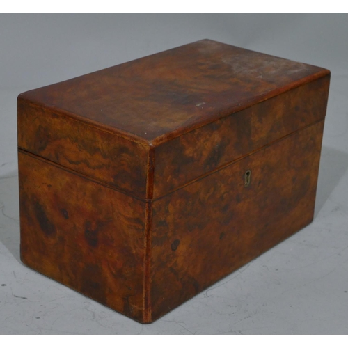 676 - A walnut rectangular shaped tea caddy with hinged lid enclosing later sugar bowl and hinged lid, 23.... 