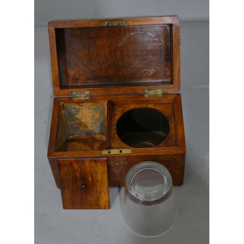 676 - A walnut rectangular shaped tea caddy with hinged lid enclosing later sugar bowl and hinged lid, 23.... 