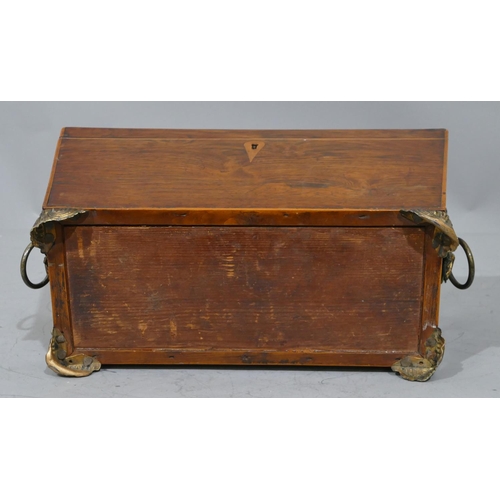 679 - A 19th Century rosewood sarcophagus shaped tea caddy with part inlaid banding, hinged lid enclosing ... 