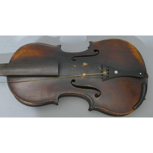 681 - A 2-piece back violin with carved head in the form of an animal, back 35.5cm, with bow, cased.