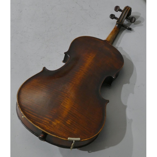 681 - A 2-piece back violin with carved head in the form of an animal, back 35.5cm, with bow, cased.