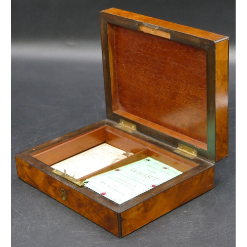 686 - A burr walnut rectangular shaped box with hinged lid (lock in need of restoration), 16.5cm wide