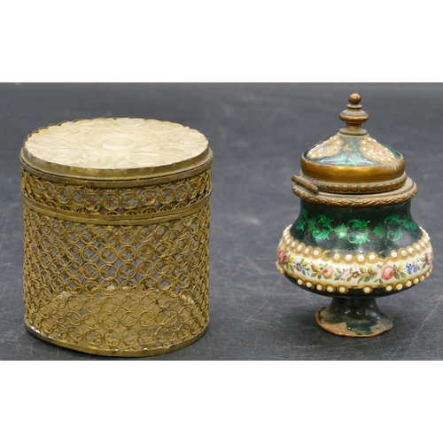 691 - An Oriental gilt metal cylindrical pot with cover with pierced jade top, 6cm high, 6cm diameter, an ... 