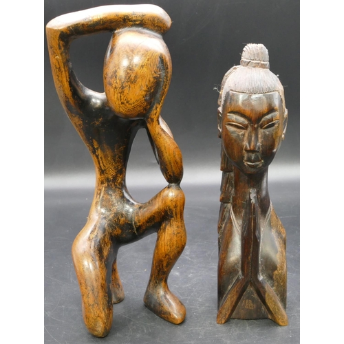 696 - A carved wooden figure of a kneeling gentleman, 30cm high, a carved Eastern figurehead of a lady, 26... 